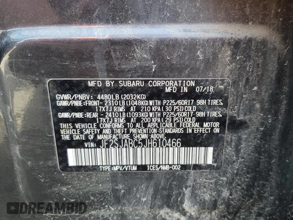 2018 Subaru Forester with VIN JF2SJABC5JH610466, listed as a Copart auction lot 61577275 with 116,398 mi miles and Salvage title. Bid and sale history available at DreamBid. Image 12.
