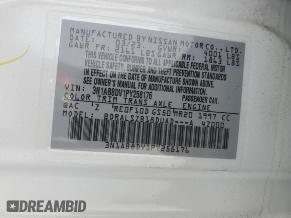 2023 Nissan Sentra SR with VIN 3N1AB8DV1PY258176, listed as a Copart auction lot 42323155 with 22,030 mi miles and Salvage Title. Bid and sale history available at carsss.com. Image 12.