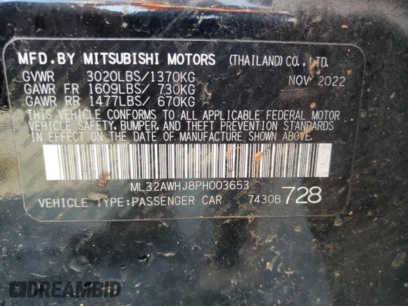 2023 Mitsubishi Mirage Black Edition z VIN ML32AWHJ8PH003653, wystawiony jako Copart lot #46799125 z przebiegiem 60 064 mil mil oraz Szkoda całkowita • Salvage title. Historia ofert i sprzedaży dostępna na DreamBid. Obrazek 13.