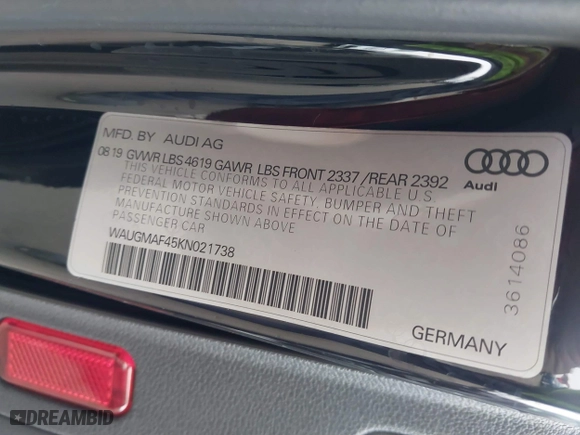 2019 Audi A4 Premium with VIN WAUGMAF45KN021738, listed as a IAAI auction lot 41583455 with 53,337 mi miles. Bid and sale history available at carsss.com. Image 9.
