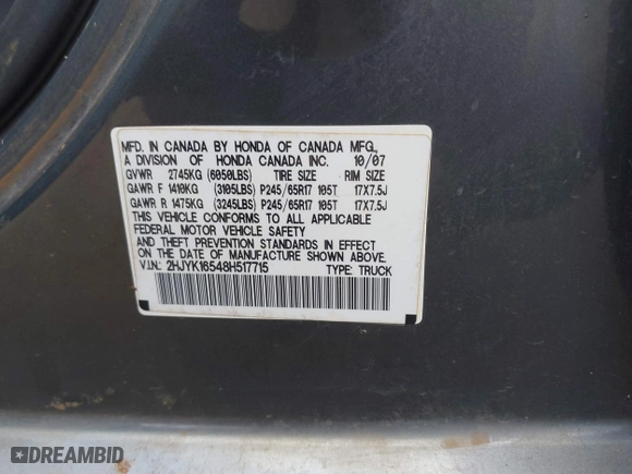 2008 Honda Ridgeline RTL with VIN 2HJYK16548H517715, listed as a IAAI auction lot 41818060 with 239,399 mi miles. Bid and sale history available at carsss.com. Image 9.