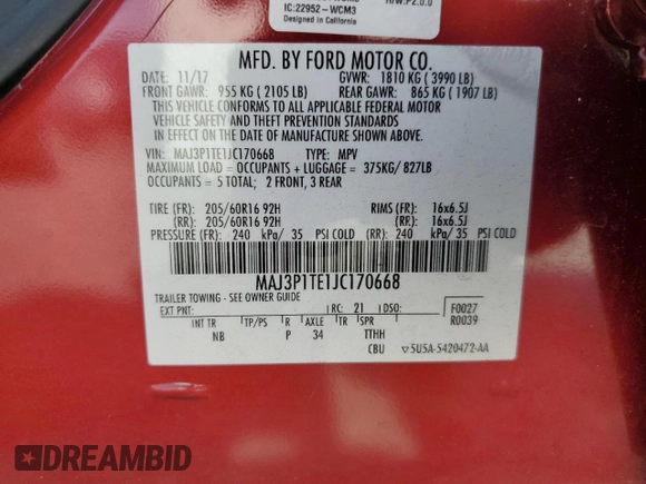 2018 Ford EcoSport SE with VIN MAJ3P1TE1JC170668, listed as a Copart auction lot 53063275 with 68,941 mi miles and Clean Title. Bid and sale history available at carsss.com. Image 13.