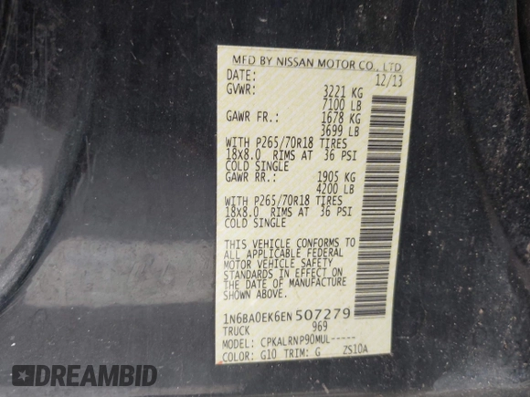 2014 Nissan Titan SV with VIN 1N6BA0EK6EN507279, listed as a IAAI auction lot 41870383 with 205,603 mi miles and . Bid and sale history available at DreamBid. Image 9.