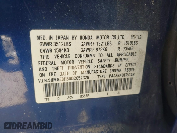 2013 Honda Fit Sport with VIN JHMGE8H50DC052326, listed as a IAAI auction lot 41798913 with 140,894 mi miles. Bid and sale history available at carsss.com. Image 9.