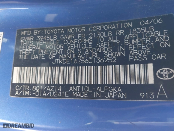 2006 Scion tC with VIN JTKDE167560136252, listed as a IAAI auction lot 42000724 with 168,727 mi miles. Bid and sale history available at carsss.com. Image 9.