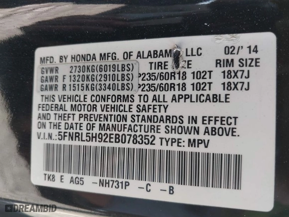 2014 Honda Odyssey Touring with VIN 5FNRL5H92EB078352, listed as a IAAI auction lot 41680386 with NaN miles. Bid and sale history available at carsss.com. Image 9.