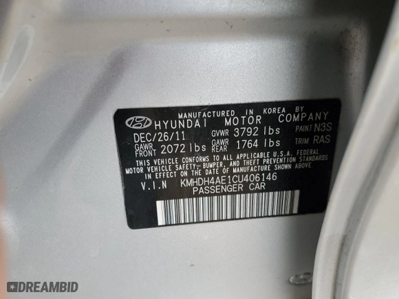 2012 Hyundai Elantra GLS with VIN KMHDH4AE1CU406146, listed as a Copart auction lot 50930485 with 164,825 mi miles and Clean Title. Bid and sale history available at carsss.com. Image 12.