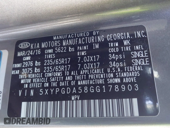 2016 Kia Sorento LX with VIN 5XYPGDA58GG178903, listed as a IAAI auction lot 41968619 with 146,853 mi miles. Bid and sale history available at carsss.com. Image 9.