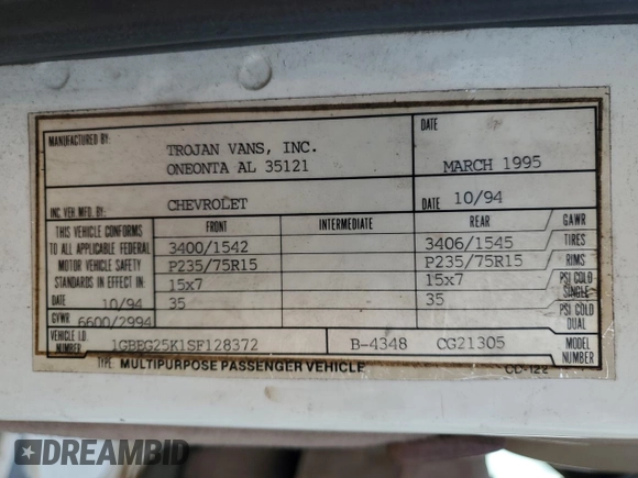 1995 Chevrolet Chevy Van с VIN 1GBEG25K1SF128372, выставлен на аукционе Copart как лот 78600654 с пробегом 183 522 миль миль и Списание • Salvage title. История ставок и продаж доступна на DreamBid. Изображение 14.