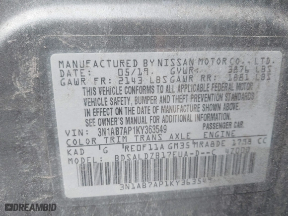 2019 Nissan Sentra SR with VIN 3N1AB7AP1KY363549, listed as a IAAI auction lot 41704436 with 70,155 mi miles. Bid and sale history available at carsss.com. Image 9.