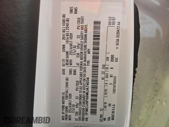 2021 Ford Escape S с VIN 1FMCU9F66MUA74034, выставлен на аукционе Copart как лот 59320795 с пробегом 177 765 миль миль и Чистый • Clean title. История ставок и продаж доступна на DreamBid. Изображение 13.