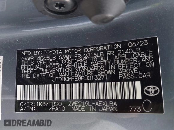2023 Toyota Corolla Hybrid LE with VIN JTDBCMFE8PJ013271, listed as a IAAI auction lot 42099797 with 14,080 mi miles and . Bid and sale history available at carsss.com. Image 9.