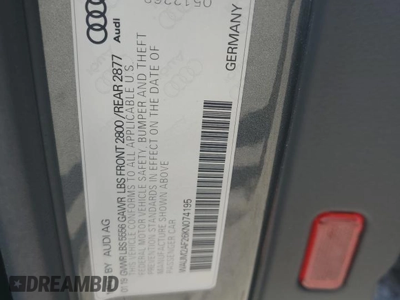 2019 Audi A6 Prestige z VIN WAUM2AF26KN074195, wystawiony jako Copart lot #49867535 z przebiegiem 56 898 mil mil oraz Szkoda całkowita • Salvage title. Historia ofert i sprzedaży dostępna na DreamBid. Obrazek 12.