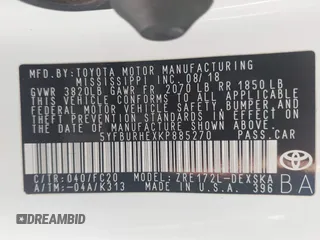 2019 Toyota Corolla L z VIN 5YFBURHEXKP885270, wystawiony jako IAAI lot #42291425 z przebiegiem 82 304 mil mil oraz . Historia ofert i sprzedaży dostępna na DreamBid. Obrazek 9.