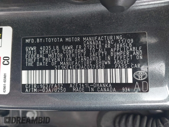 2010 Toyota Matrix S z VIN 2T1KE4EE3AC037850, wystawiony jako IAAI lot #42551754 z przebiegiem 206 353 mil mil oraz . Historia ofert i sprzedaży dostępna na DreamBid. Obrazek 9.