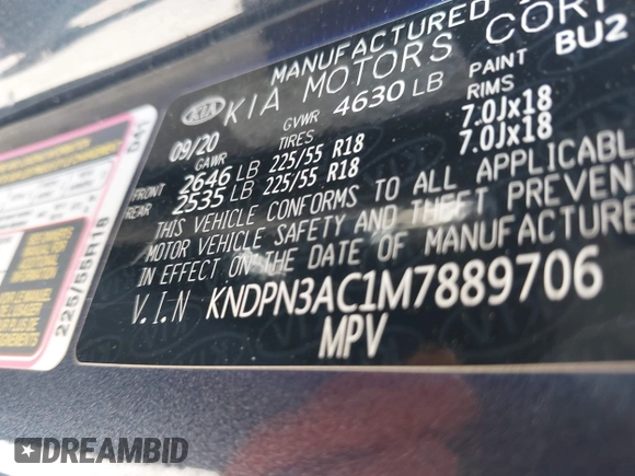 2021 Kia Sportage EX with VIN KNDPN3AC1M7889706, listed as a IAAI auction lot 41948559 with 52,329 mi miles and . Bid and sale history available at DreamBid. Image 9.