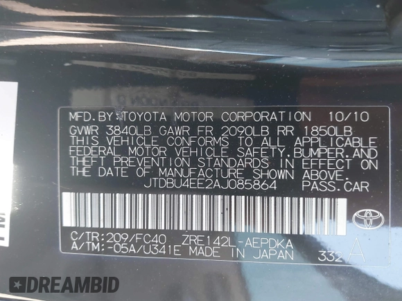 2010 Toyota Corolla with VIN JTDBU4EE2AJ085864, listed as a IAAI auction lot 42192063 with 163,127 mi miles and . Bid and sale history available at DreamBid. Image 9.