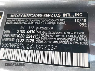 2019 Mercedes-Benz C 300 with VIN 55SWF8DB2KU302234, listed as a IAAI auction lot 42439409 with 99,907 mi miles and . Bid and sale history available at DreamBid. Image 9.