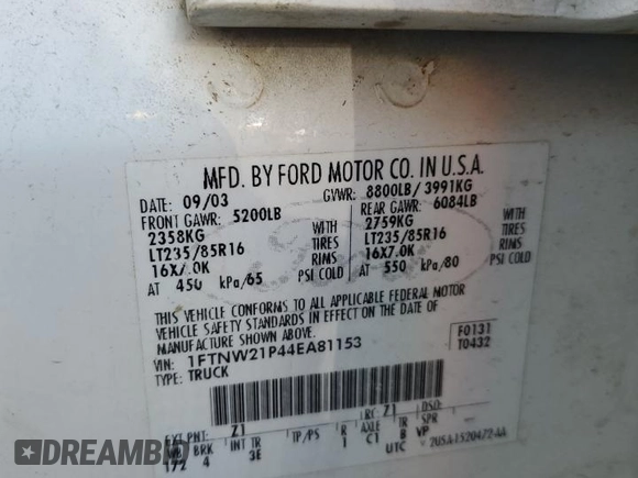 2004 Ford F-250 XL with VIN 1FTNW21P44EA81153, listed as a Copart auction lot 63841495 with 337,958 mi miles and Salvage title. Bid and sale history available at DreamBid. Image 12.