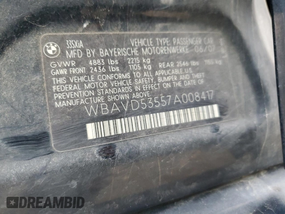 2007 BMW 3 Series 335xi with VIN WBAVD53557A008417, listed as a Copart auction lot 44999725 with 0 mi miles and Salvage Title. Bid and sale history available at carsss.com. Image 12.
