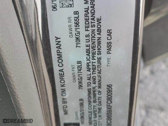 2015 Chevrolet Spark LS with VIN KL8CB6S9XFC800956, listed as a Copart auction lot 54062355 with 73,296 mi miles and Salvage Title. Bid and sale history available at carsss.com. Image 12.