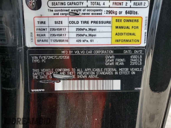2012 Volvo C70 T5 with VIN YV1672MC7CJ131358, listed as a Copart auction lot 51735285 with 141,764 mi miles and Salvage Title. Bid and sale history available at carsss.com. Image 12.
