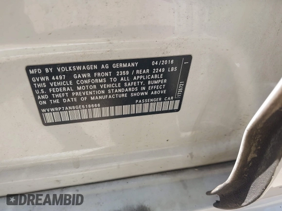 2016 Volkswagen CC Executive with VIN WVWRP7AN8GE518666, listed as a IAAI auction lot 42080281 with 107,697 mi miles and . Bid and sale history available at DreamBid. Image 9.