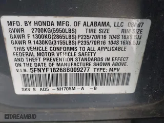 2008 Honda Pilot VP with VIN 5FNYF18268B009277, listed as a IAAI auction lot 41855234 with 150,311 mi miles. Bid and sale history available at carsss.com. Image 9.