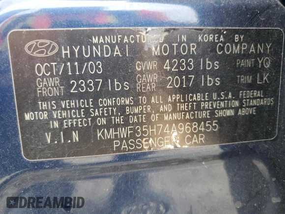 2004 Hyundai Sonata GLS with VIN KMHWF35H74A968455, listed as a Copart auction lot 78047664 with 151,930 mi miles and Salvage Title. Bid and sale history available at carsss.com. Image 12.