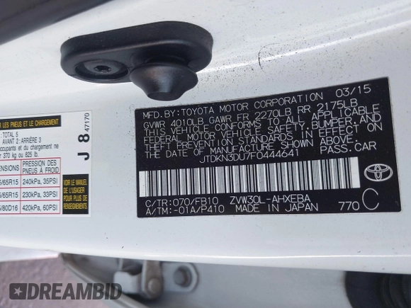 2015 Toyota Prius Four z VIN JTDKN3DU7F0444641, wystawiony jako IAAI lot #40380250 z przebiegiem Nie podano mil oraz . Historia ofert i sprzedaży dostępna na DreamBid. Obrazek 9.