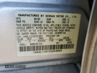 2002 Nissan Altima S with VIN 1N4AL11D72C243959, listed as a Copart auction lot 45747095 with 0 mi miles and Salvage Title. Bid and sale history available at carsss.com. Image 12.