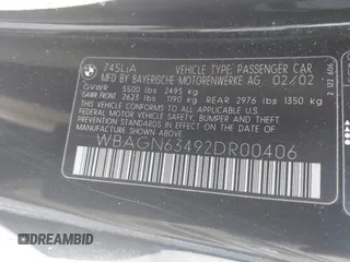 2002 BMW 7 Series 745Li with VIN WBAGN63492DR00406, listed as a IAAI auction lot 42168104 with 141,216 mi miles and . Bid and sale history available at carsss.com. Image 9.