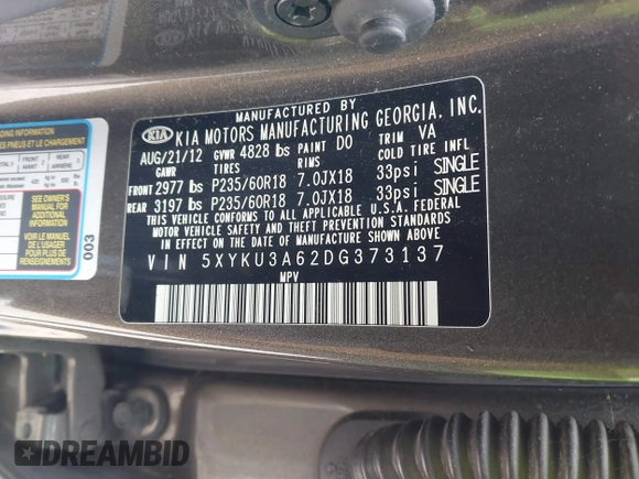 2013 Kia Sorento EX with VIN 5XYKU3A62DG373137, listed as a IAAI auction lot 41872724 with 177,387 mi miles. Bid and sale history available at carsss.com. Image 9.