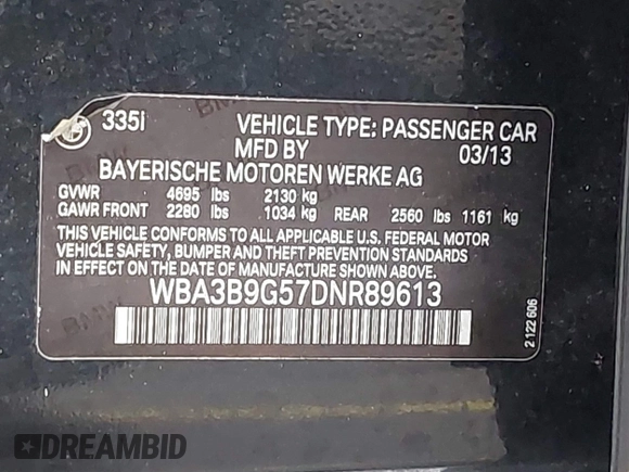 2013 BMW 3 Series 335i xDrive with VIN WBA3B9G57DNR89613, listed as a IAAI auction lot 41388524 with 149,068 mi miles and . Bid and sale history available at DreamBid. Image 9.