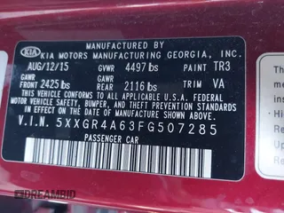 2015 Kia Optima SXL Turbo with VIN 5XXGR4A63FG507285, listed as a IAAI auction lot 40931441 with 113,726 mi miles and . Bid and sale history available at DreamBid. Image 9.