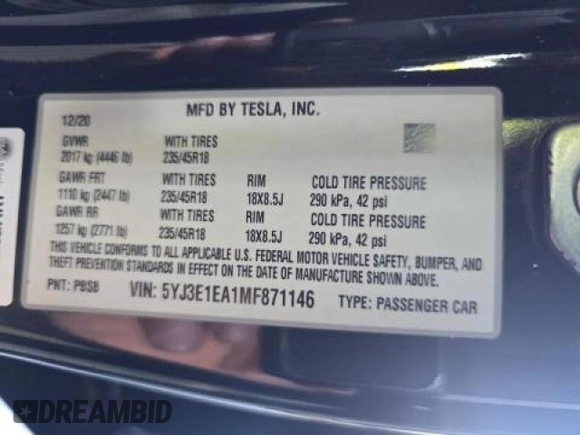 2021 Tesla Model 3 Standard Range Plus with VIN 5YJ3E1EA1MF871146, listed as a Copart auction lot 42027405 with 72,492 mi miles and Salvage Title. Bid and sale history available at DreamBid. Image 10.
