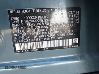 2024 Honda HR-V Sport z VIN 3CZRZ1H54RM754560, wystawiony jako IAAI lot #41652351 z przebiegiem 8 371 mil mil oraz . Historia ofert i sprzedaży dostępna na DreamBid. Obrazek 9.