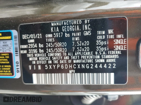 2022 Kia Telluride S with VIN 5XYP6DHCXNG244422, listed as a Copart auction lot 55482305 with 91,541 mi miles and Salvage Title. Bid and sale history available at DreamBid. Image 13.