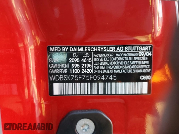 2005 Mercedes-Benz SL 500 z VIN WDBSK75F75F094745, wystawiony jako Copart lot #43600645 z przebiegiem Nie podano mil oraz Szkoda całkowita • Salvage title. Historia ofert i sprzedaży dostępna na DreamBid. Obrazek 13.