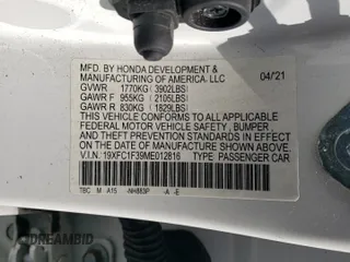 2021 Honda Civic Sedan EX with VIN 19XFC1F39ME012816, listed as a Copart auction lot 74093434 with 0 mi miles and Salvage Title. Bid and sale history available at carsss.com. Image 13.