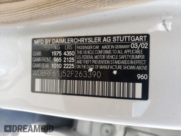 2002 Mercedes-Benz C 230/260/280/320 с VIN WDBRF61J52F263390, выставлен на аукционе Copart как лот 56944505 с пробегом 83 874 миль миль и Списание • Salvage title. История ставок и продаж доступна на DreamBid. Изображение 12.