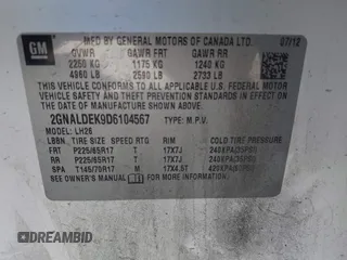 2013 Chevrolet Equinox LT with VIN 2GNALDEK9D6104567, listed as a IAAI auction lot 41683199 with 261,775 mi miles and . Bid and sale history available at carsss.com. Image 9.
