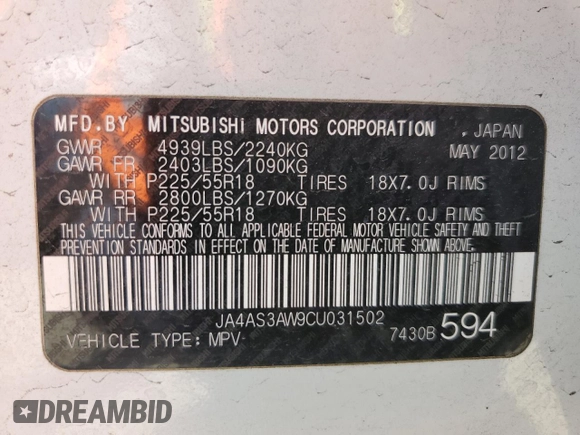 2012 Mitsubishi Outlander SE z VIN JA4AS3AW9CU031502, wystawiony jako Copart lot #57975515 z przebiegiem 115 602 mil mil oraz Tytuł czysty. Historia ofert i sprzedaży dostępna na DreamBid. Obrazek 14.