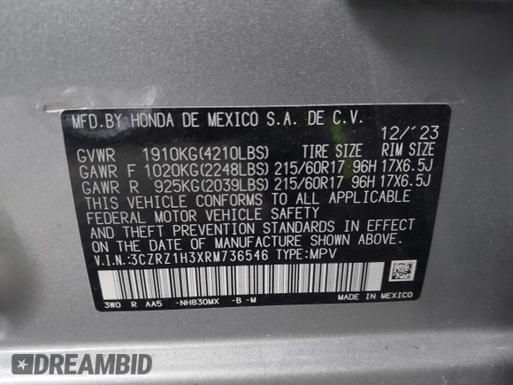 2024 Honda HR-V LX with VIN 3CZRZ1H3XRM736546, listed as a IAAI auction lot 41761550 with 12,043 mi miles. Bid and sale history available at carsss.com. Image 9.