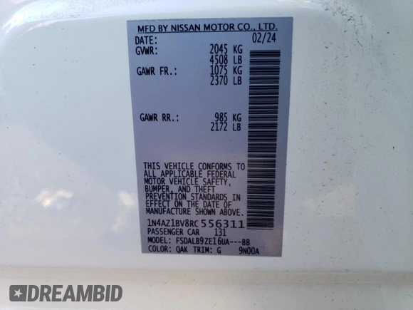 2024 Nissan LEAF S z VIN 1N4AZ1BV8RC556311, wystawiony jako Copart lot #85696754 z przebiegiem 1 279 mil mil oraz Szkoda całkowita • Salvage title. Historia ofert i sprzedaży dostępna na DreamBid. Obrazek 12.