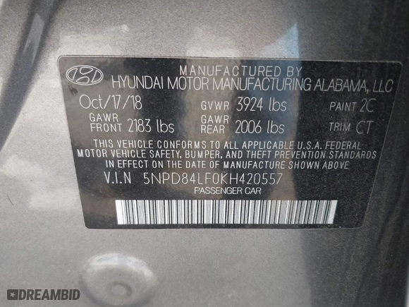 2019 Hyundai Elantra SEL with VIN 5NPD84LF0KH420557, listed as a IAAI auction lot 41450690 with 143,511 mi miles. Bid and sale history available at carsss.com. Image 9.
