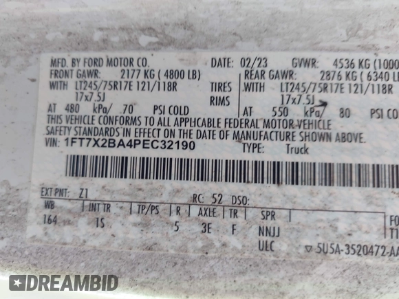 2023 Ford F-250 XL with VIN 1FT7X2BA4PEC32190, listed as a IAAI auction lot 42391494 with Not provided miles and . Bid and sale history available at DreamBid. Image 9.