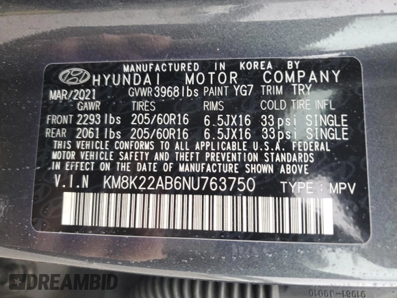 2022 Hyundai Kona Preferred with VIN KM8K22AB6NU763750, listed as a Copart auction lot 41881265 with 44,761 mi miles and Salvage Title. Bid and sale history available at carsss.com. Image 12.