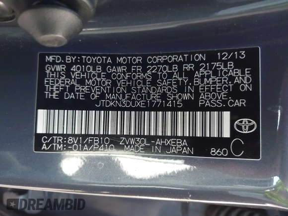 2014 Toyota Prius Four with VIN JTDKN3DUXE1771415, listed as a IAAI auction lot 42066546 with 218,535 mi miles. Bid and sale history available at carsss.com. Image 9.