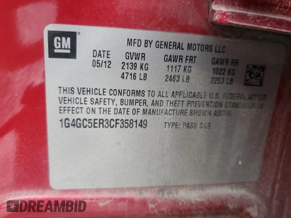 2012 Buick LaCrosse Leather with VIN 1G4GC5ER3CF358149, listed as a Copart auction lot 50196665 with 173,588 mi miles and Clean title. Bid and sale history available at DreamBid. Image 15.